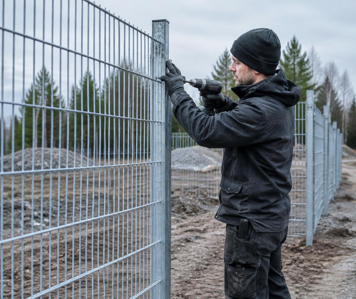 Montör som monterar ett stålnätsstängsel